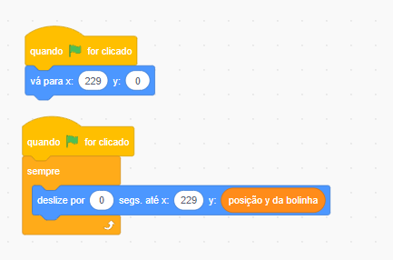 Código de posicionamento da raquete com x=229 e y=0