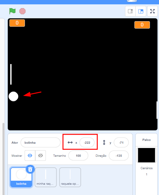 Indicação de onde ver o valor de x abaixo da tela de desenho