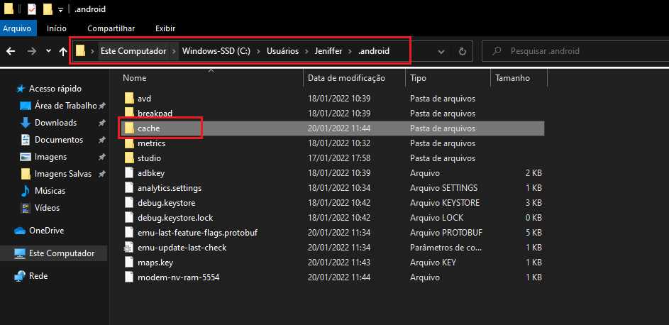 Indicação do explorador de arquivo do windows acessando a pasta de usuário, depois a pasta android e localizando a pasta cache para apagar