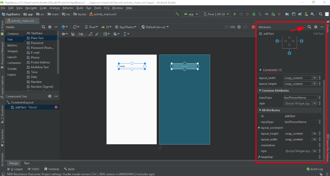 Print da tela do android studio com o xml e marcado a opção de atributos e a lupa de pesquisa