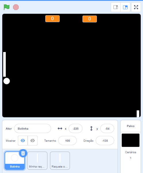 imagem de um projeto pong no scratch com a bolinha a uma distância de -225