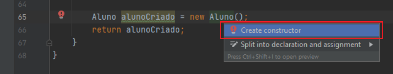 Indicação de parte do código no Android Studio onde tem um erro na linha 65, e ao pressionar o atalho alt + enter abrem opções de correção entre elas a create constructor