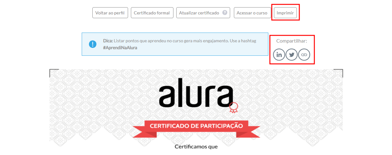 Indicação das opções de impressão e compartilhamento do certificado