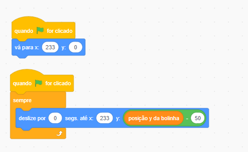 Indicação do valor de x da raquete em 233