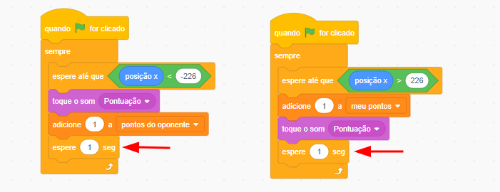 Indicação do controle espere 1 seg nos blocos de código de pontuação