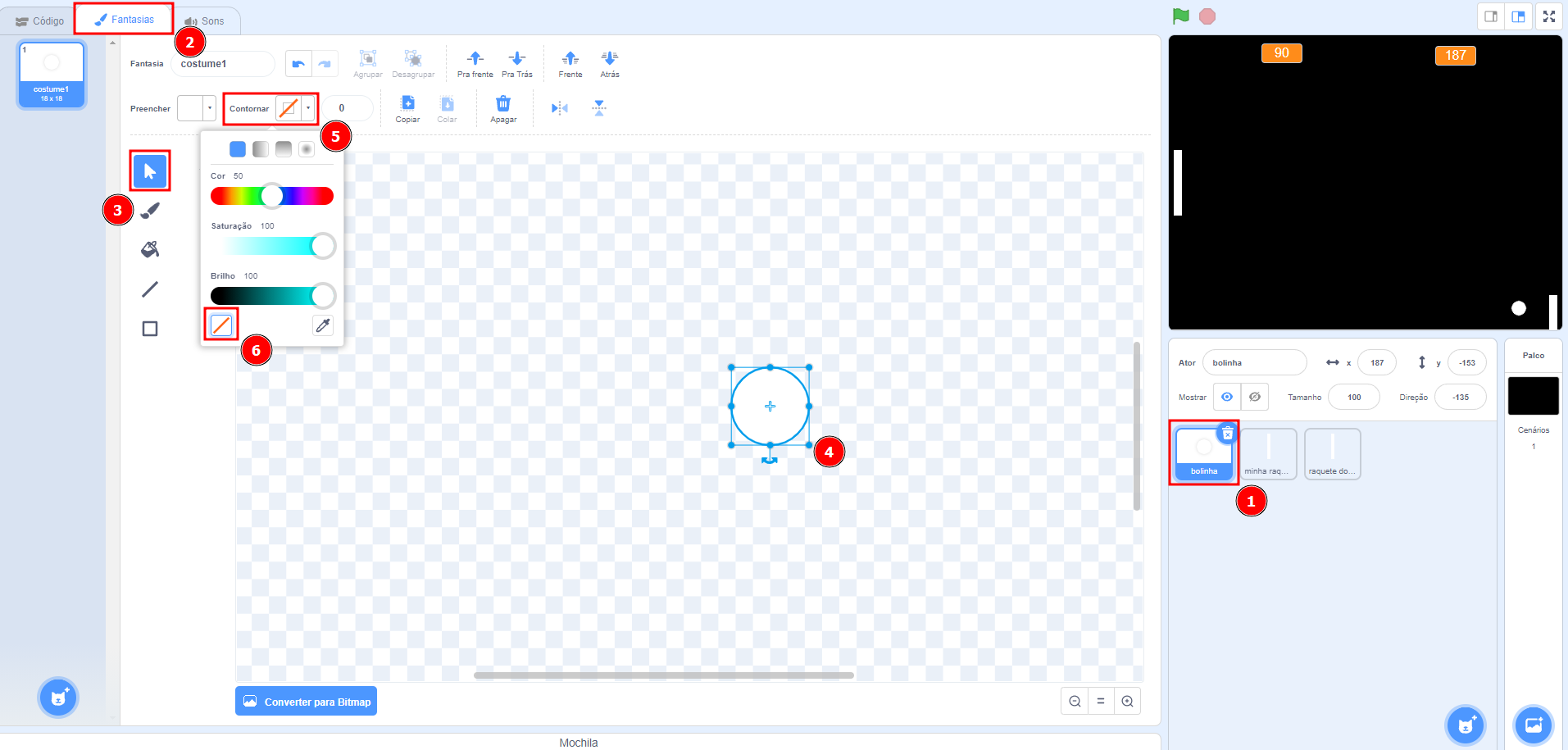Indicação de como tirar o contorno da bolinha no Scratch