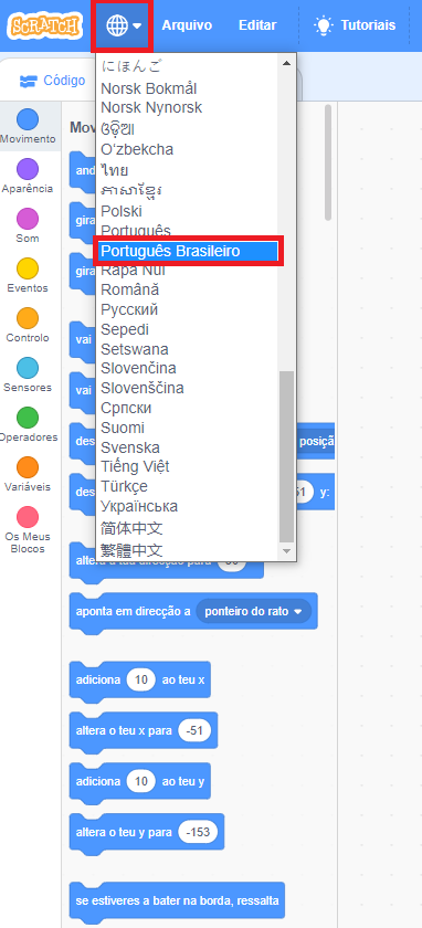 Indicação do ícone de alteração de idioma e seleção do idioma