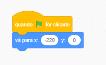 Código do Scratch com posicionamento da minha raquete com x em -220 e y em 0