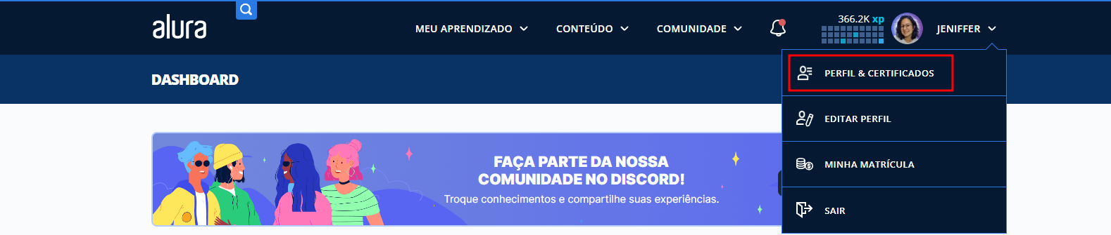 Print do dashboard da plataforma com a opção "Perfil e Certificados" no perfil assinalada com um retângulo vermelho