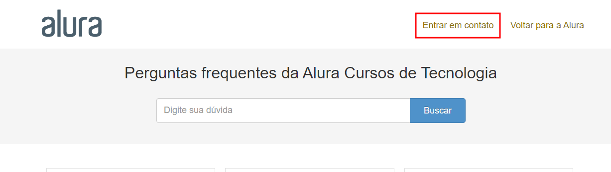 Página de faq da Alura com a opção "Entrar em contato" sinalizada com um retângulo vermelho