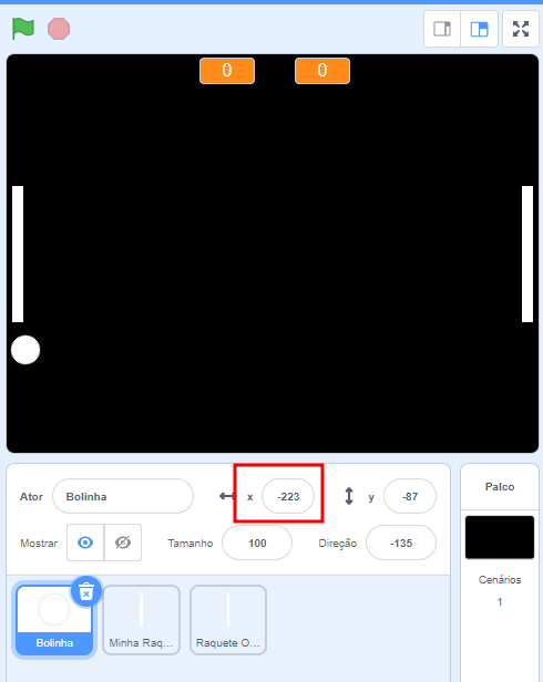 Indicação da área de jogo do scratch e do valor de x da posição da bolinha