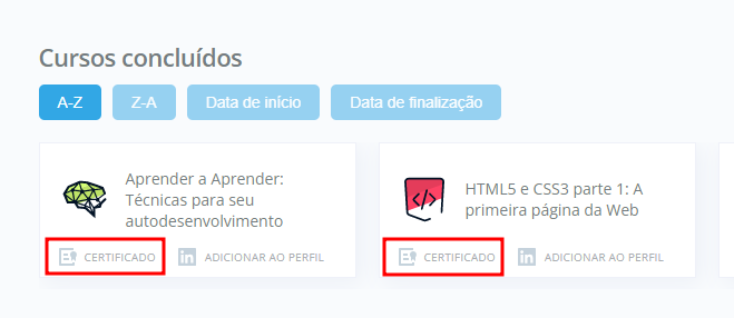 Indicação do botão de certificado na área de perfil