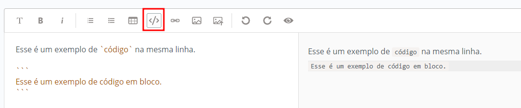 Print da caixa de texto do fóum com um exemplo de uso de código em linha e em bloco