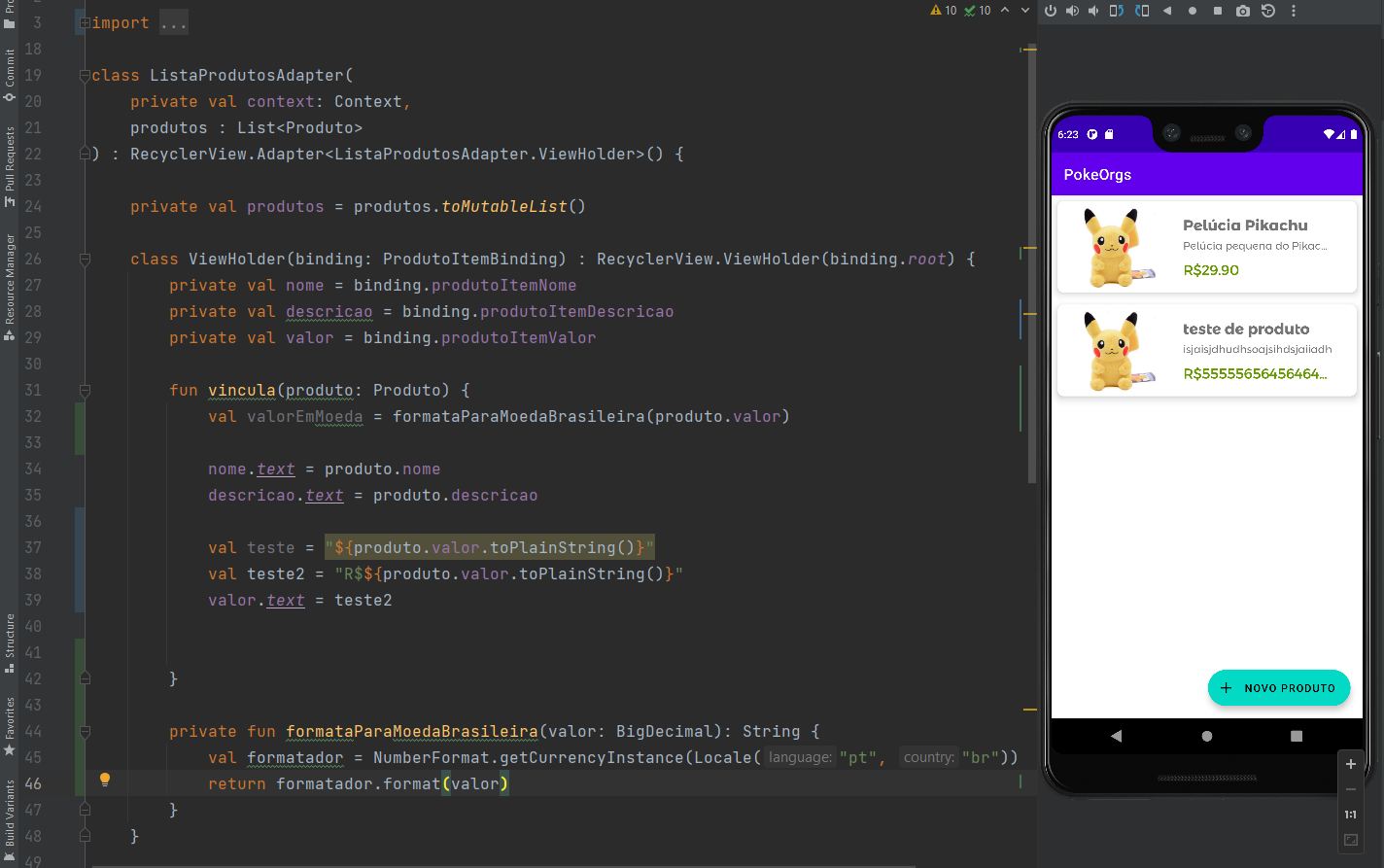 Print da tela do Android Studio com o emulador rodando o código da aula igual ao do aluno