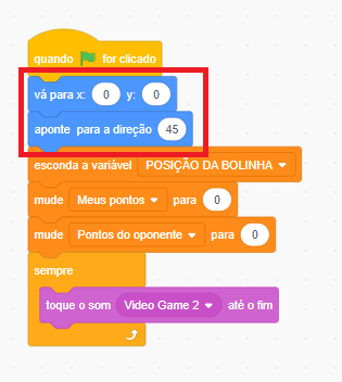 Código com os ajustes de x e y e da direção da bolinha