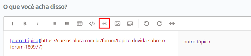 Indicação de como inserir um link no fórum utilizando o ícone de inserir links da caixa de respostas