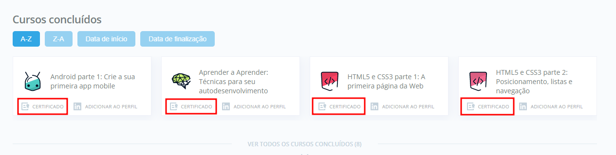 Indicação do botão de certificados na área de perfil