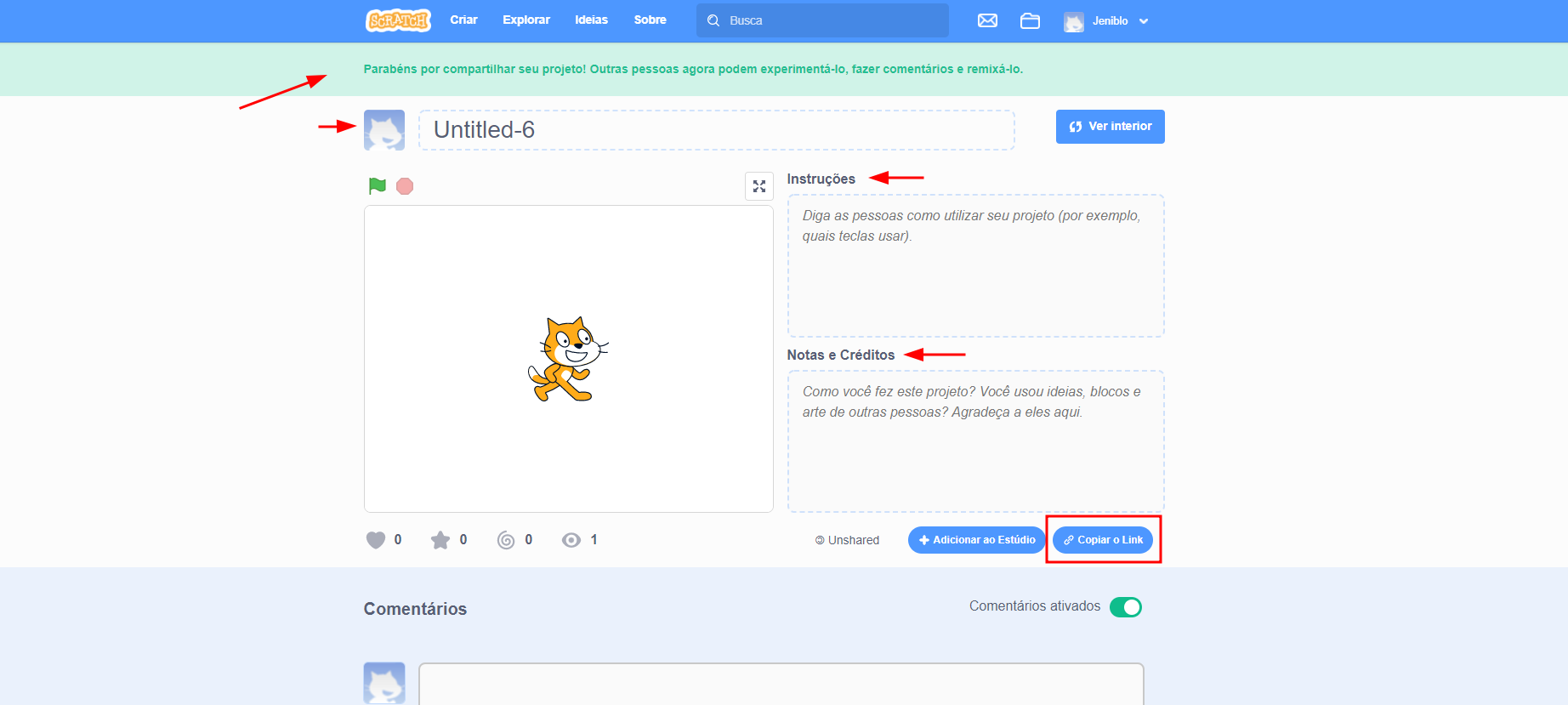 Indicação de como alterar as informações de compartilhamento do projeto