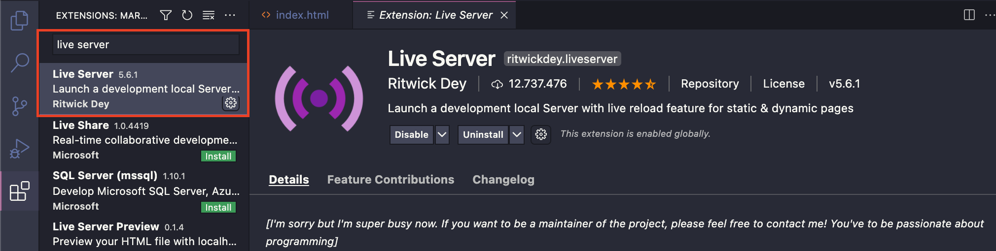 Procurando a extensão live server