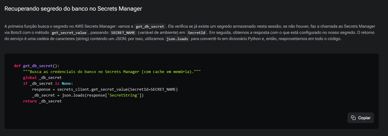 Trecho da transcrição da aula em que se encontra um código em Python