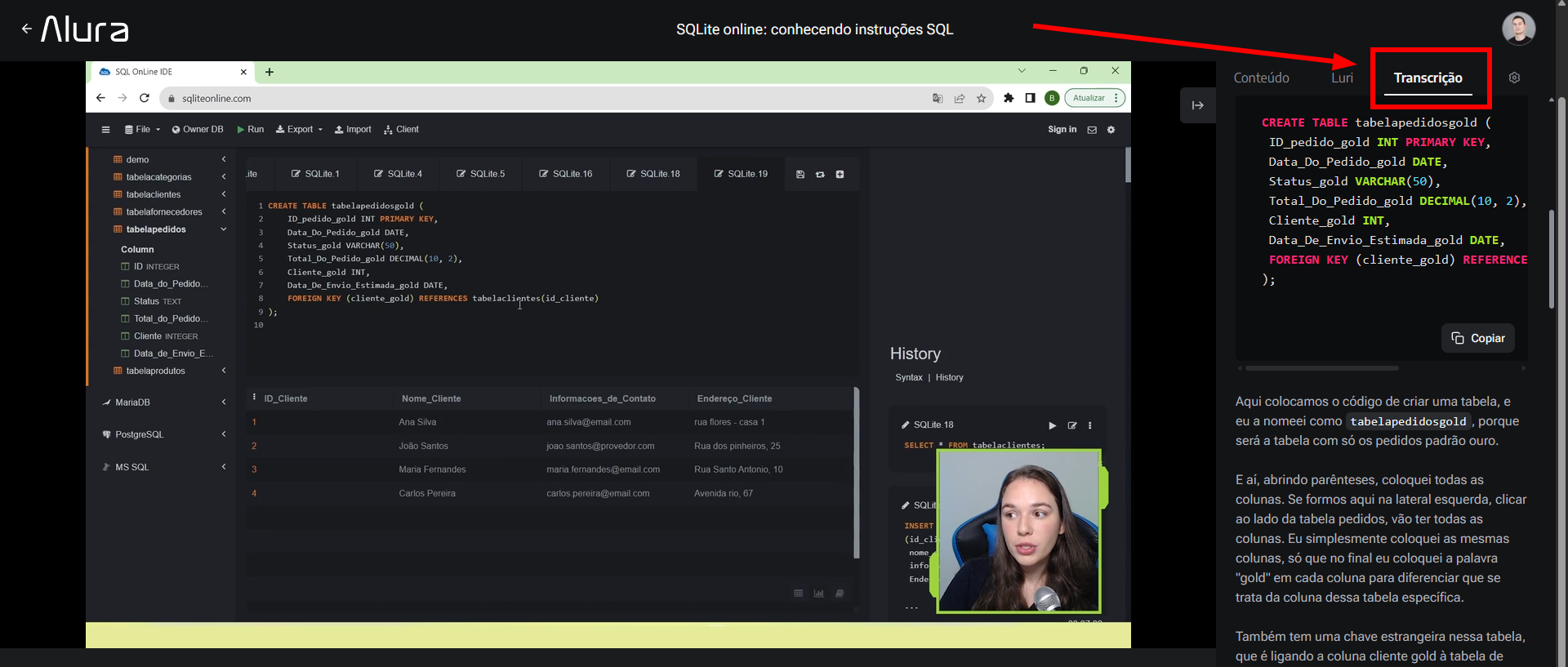 Print da plataforma exibindo a aula de SQLite Online