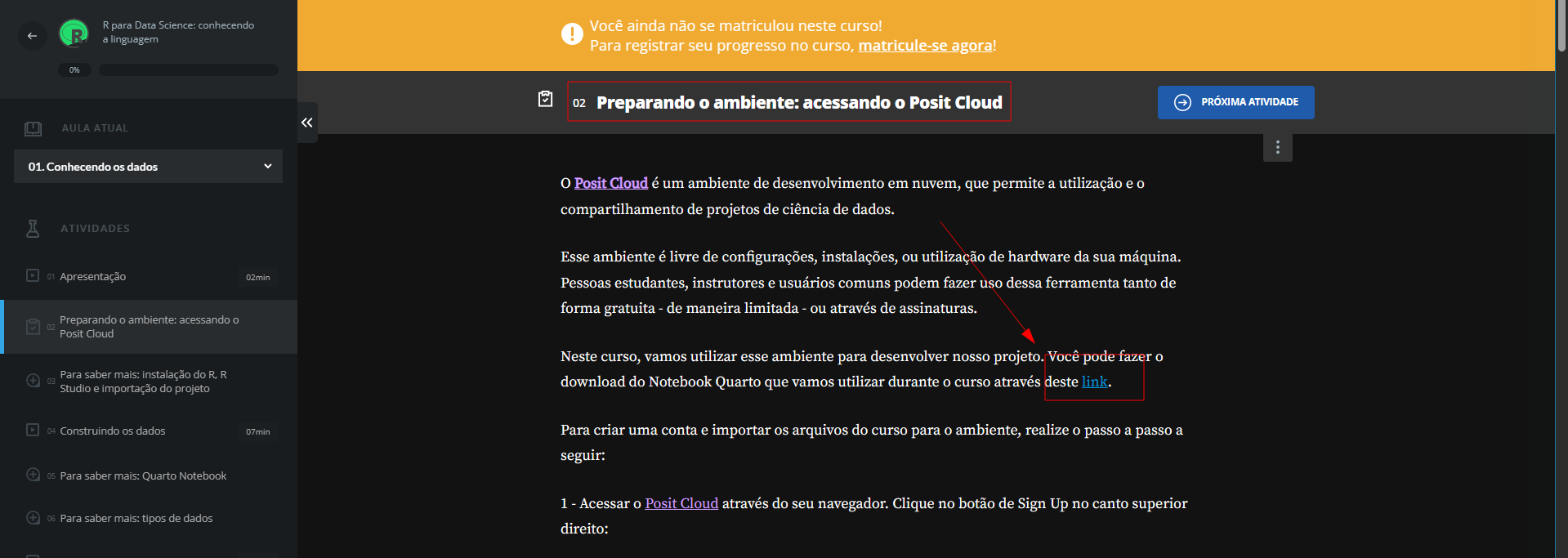 Página da atividade Preparando o ambiente: acessando o Posit Cloud