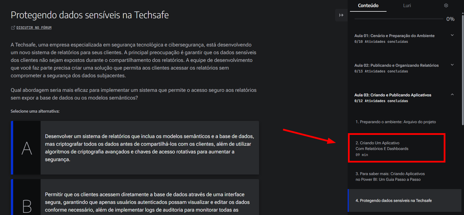 Tela de curso online sobre segurança de dados na Techsafe em português, destacando lição sobre proteção de informações sensíveis com alternativas de criptografia e controle de acesso em relatórios corporativos.