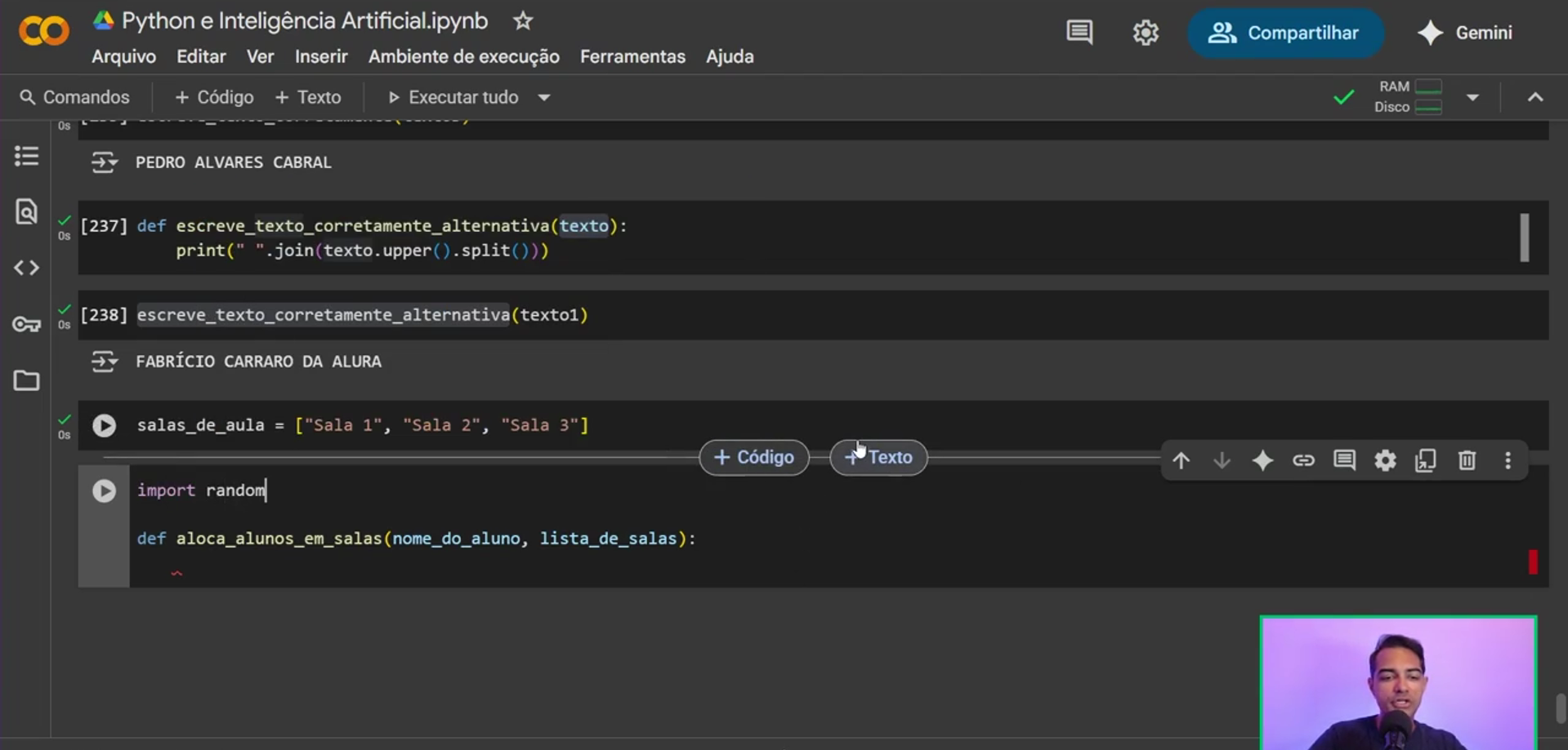 Código em Python no Google Colab