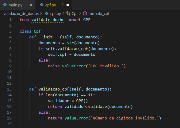 Código com a implementação 'from validate_docvbr import CPF'