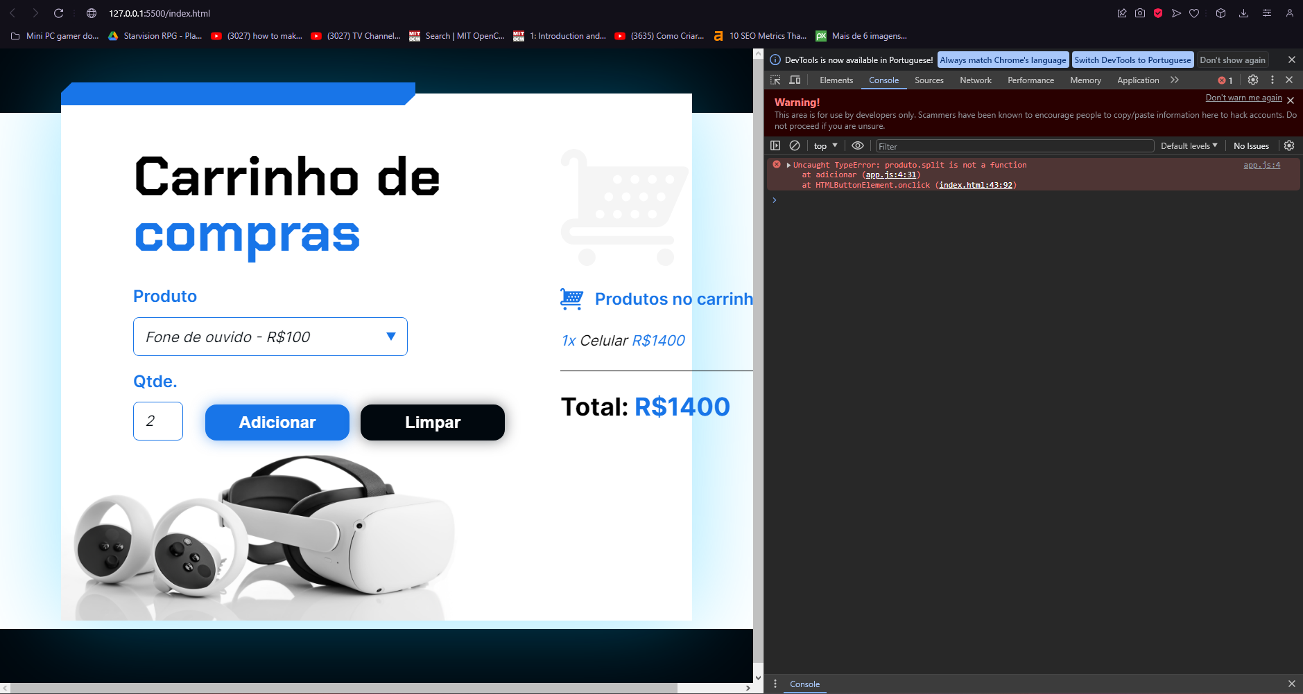 Imagem de um erro no console do DevTools mostrando que o método .split não é uma função