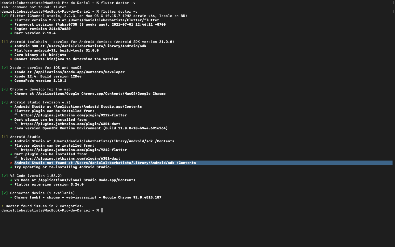 Erro apresentado do terminal ao rodar o comando flutter doctor