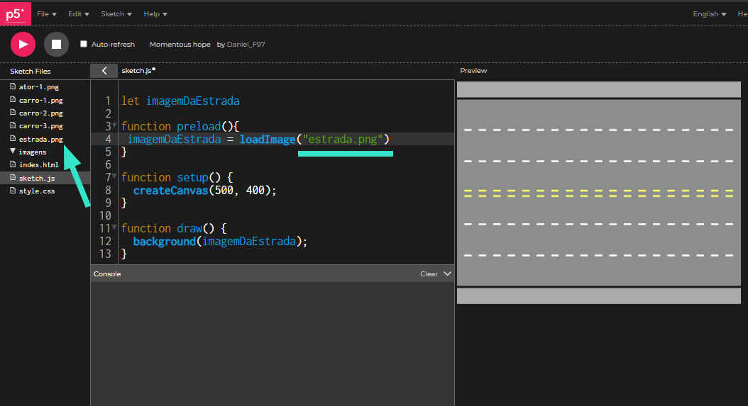 Editor p5.js com o caminho que aponta para imagem de forma correta e o background aparecendo sem o erro