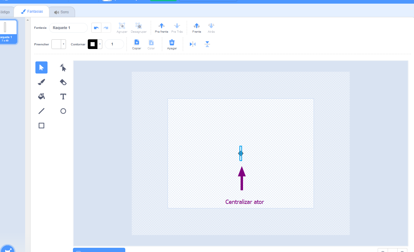 IAtor raquete desenhado no ponto central da área de desenho/fantasia do Scratch