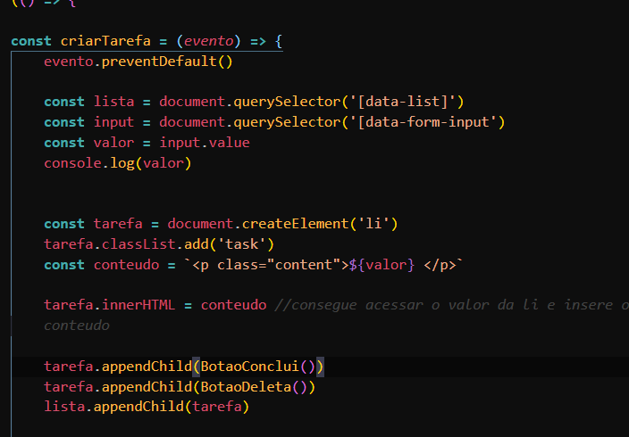 Imagem contendo código JavaScript para demonstrar esquema de cores da extensão Dark Horizon no VsCode