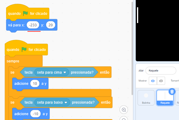 código scratch com a posição de x -233 no ator raquete
