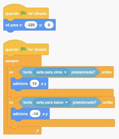 Blocos de código Scratch com o movimento da raquete
