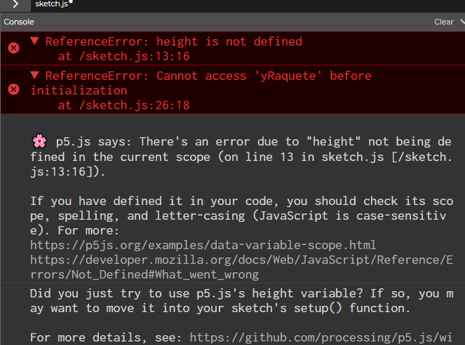 Imagem que mostra o erro no console do p5.js. O erro dis que a variavel heigth nao esta definida no escopo correto