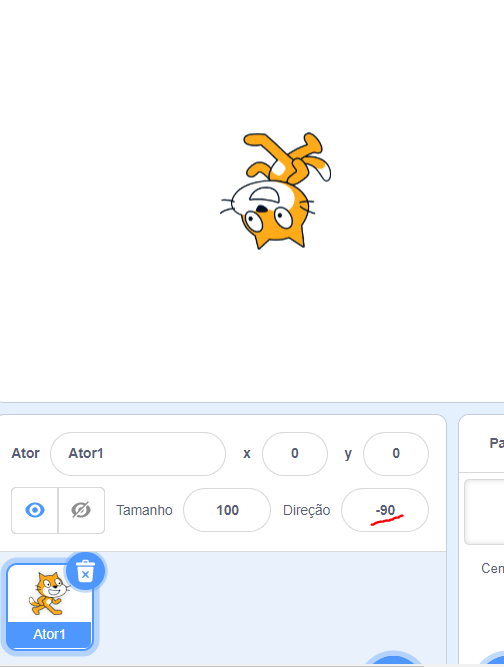 Imagem que mostra o ator gato do scratch com o posicionamento de - 90 na direção