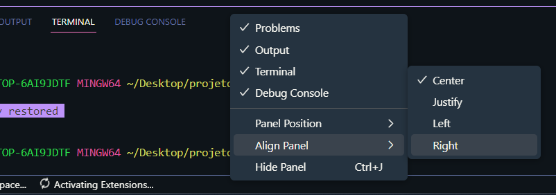 A imagem apresenta um print com o terminal do vscode aberto, uma lista de opções com o "align  Panel" > "Right" selecionada.