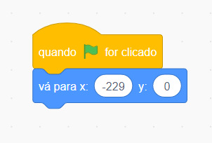 Imagem que mostra os blocos do scratch com o valor de posição em -229 na raquete