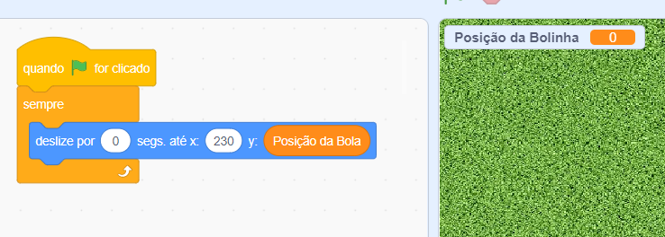 Imagem que apresenta area de programação do scratch com o codigo do aluno e o bloco posição da bola como opção, do lado direito há o ambiente de visualização e a apresentação da variável é a posição da bolinha