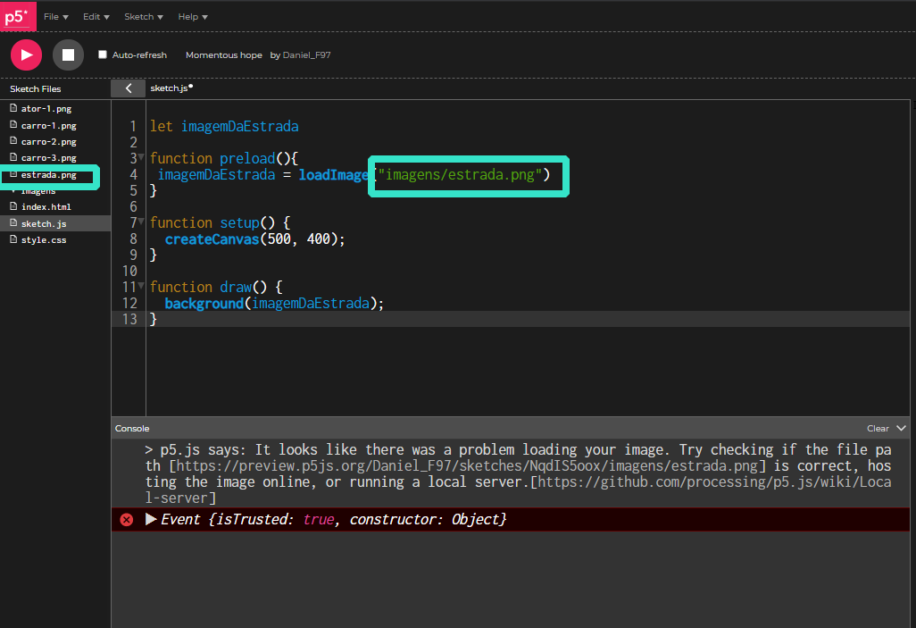 Imagem com o editor p5.js que mostra a função preload chamando uma imagem com um caminho incorreto e mostrando o erro descrito