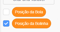 Imagem mostra as duas variaveis criadas com o nome Posição da Bola e Posição da Bolinha