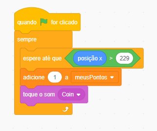 Imagem com blocos de código do Scratch para pontuação