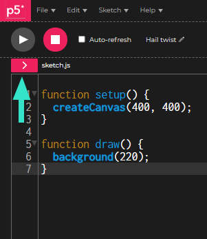 Clicar no botão ao lado do nome do arquivo sketch.js para abrir a sessão de pastas