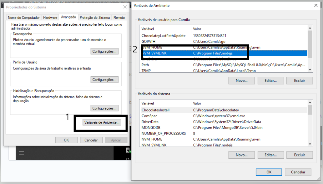 A imagem apresenta duas janelas, uma com a descrição de propriedades do sistema e a opção Variáveis de Ambiente marcada, ao seu lado direito está uma janela com a descrição Variáveis de Ambiente a variável o valor c:\Program Files\nodejs  