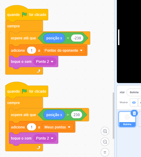 código scratch com a posição de x -230 no ator bolinha