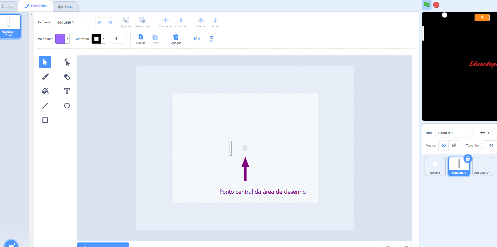 Ator raquete fora distante do centro da área de desenho/fantasia do Scratch