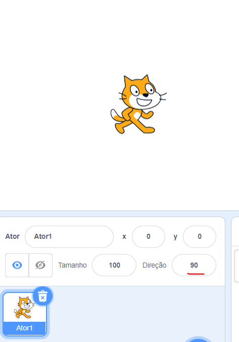 Imagem que mostra o ator gato do scratch com o posicionamento de 90 na direção