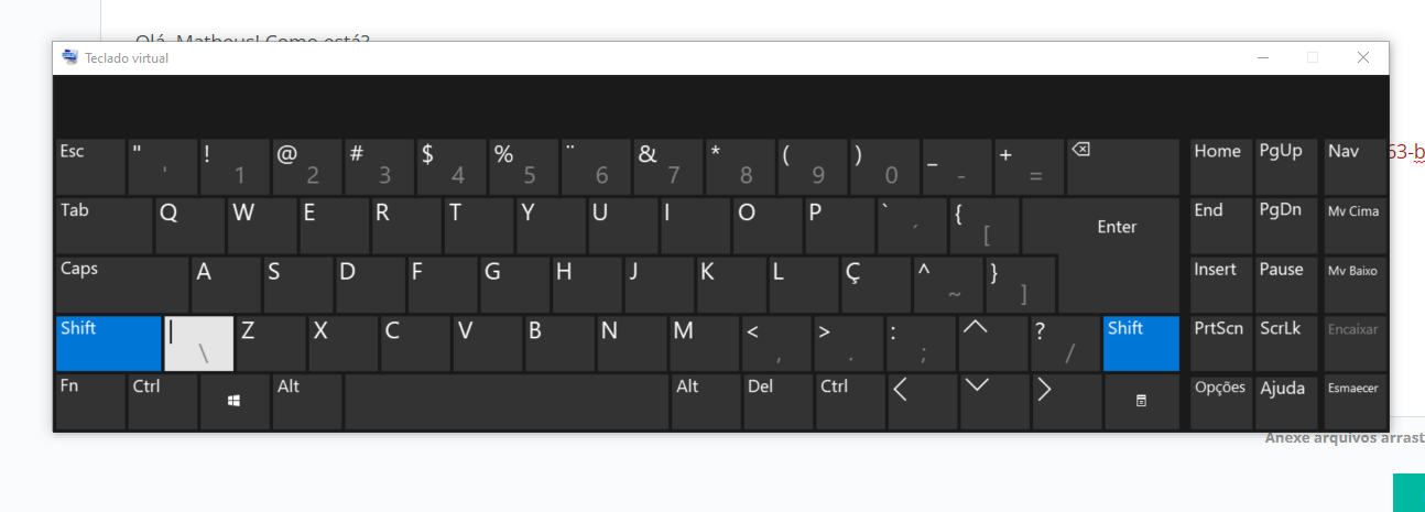 magem com o teclado virtual aberto e a tecla shift em destaque